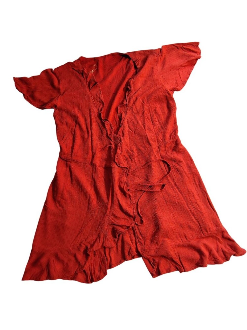 Miami Womens Red Wrap Dress Size M Rayon Shell Cotton Lining Ruffle Hem